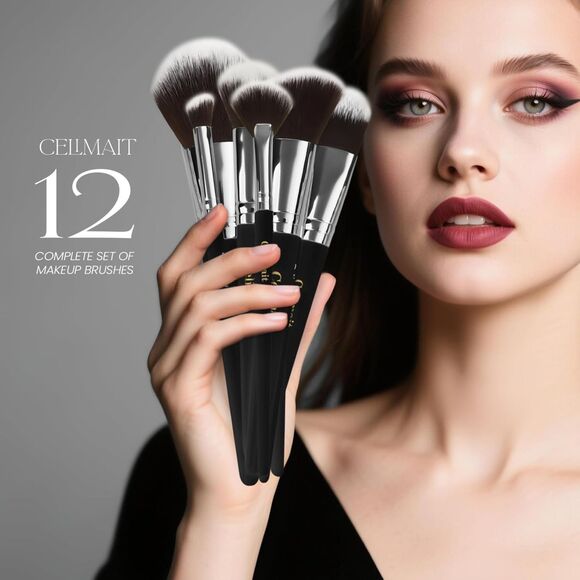 12 Piece Black Professional Soft Synthetic Bristles Makeup Brushes Set With Case - Picture 2 of 5